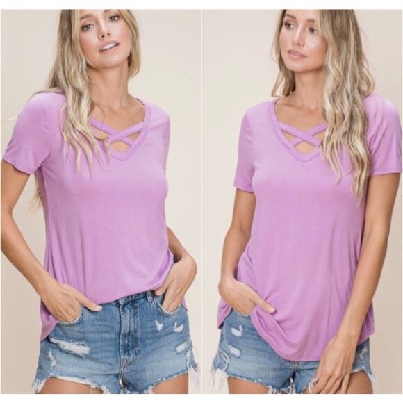 Women's Short Sleeve Relaxed Fit T-Shirt Tee Top with Criss Cross V-Neck Purple - Picture 12 of 12
